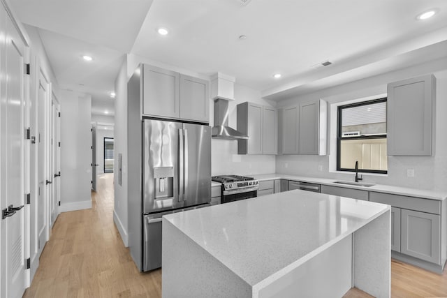 kitchen featuring appliances with stainless steel finishes, gray cabinets, wall chimney exhaust hood, light wood-style flooring, and a sink
