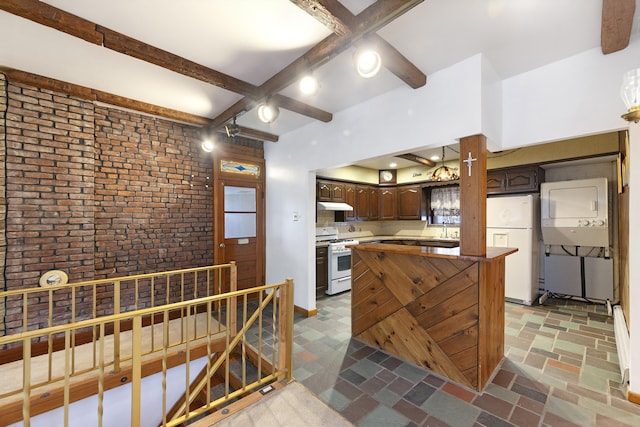 kitchen featuring dark brown cabinetry, brick wall, white appliances, and beam ceiling