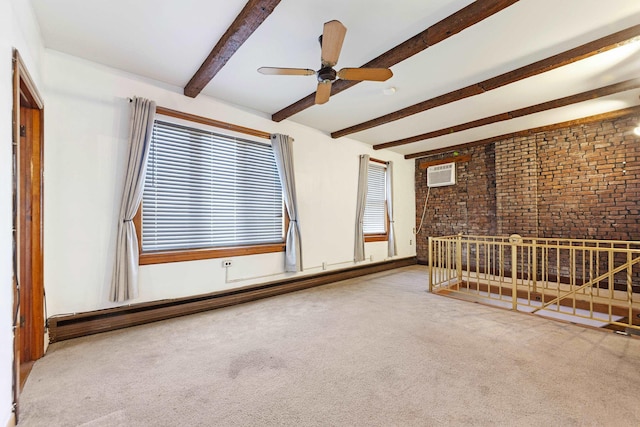 spare room with a baseboard radiator, carpet flooring, a wall unit AC, beamed ceiling, and brick wall