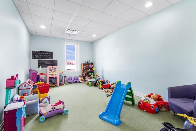 game room featuring visible vents, a drop ceiling, carpet flooring, and recessed lighting