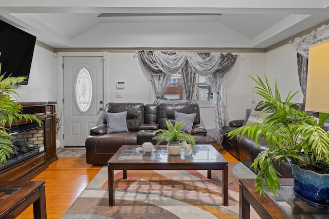 living room featuring lofted ceiling and light hardwood / wood-style flooring