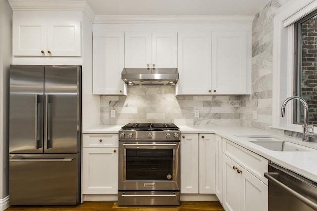 kitchen with under cabinet range hood, white cabinetry, appliances with stainless steel finishes, and a sink