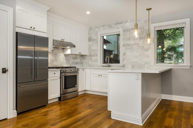 kitchen featuring a peninsula, tasteful backsplash, premium appliances, and under cabinet range hood