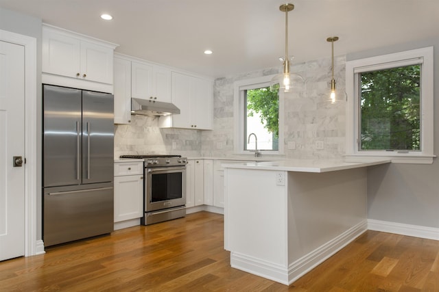 kitchen featuring dark wood finished floors, white cabinets, high quality appliances, and under cabinet range hood