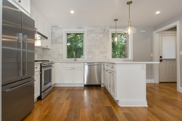 kitchen featuring under cabinet range hood, premium appliances, white cabinets, and a peninsula