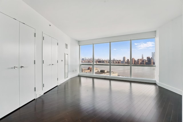 interior space featuring dark wood-type flooring, multiple closets, a view of city, and baseboards