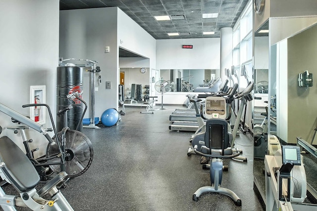 workout area with a towering ceiling