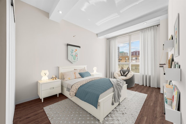 bedroom featuring baseboards, dark wood-type flooring, and recessed lighting