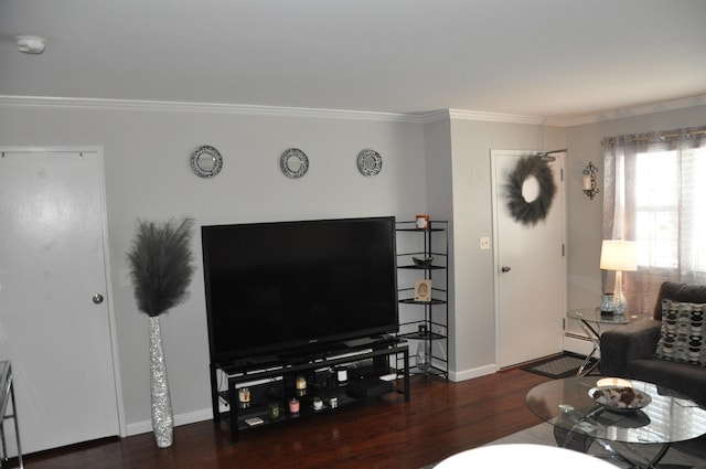 living room featuring a baseboard heating unit, dark hardwood / wood-style flooring, and ornamental molding