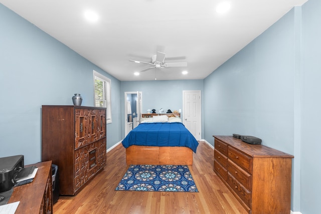 bedroom with baseboards, ceiling fan, recessed lighting, and wood finished floors