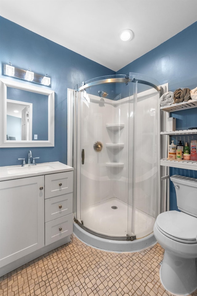 full bathroom featuring vanity, a shower stall, and toilet