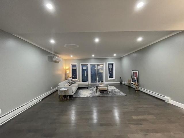 living area featuring crown molding, wood finished floors, an AC wall unit, and recessed lighting