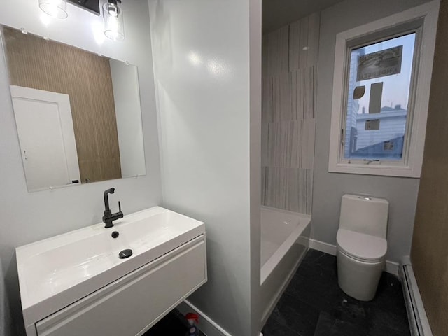 full bathroom with toilet, vanity, tile patterned flooring, baseboard heating, and baseboards