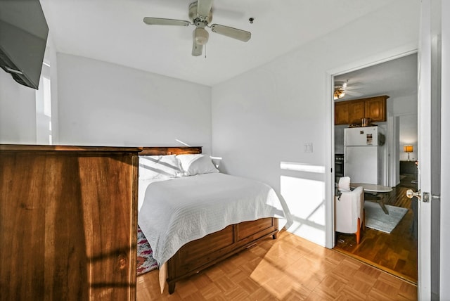 734 Adams St Unit 4B, Hoboken, NJ 07030 - bedroom with freestanding refrigerator and a ceiling fan