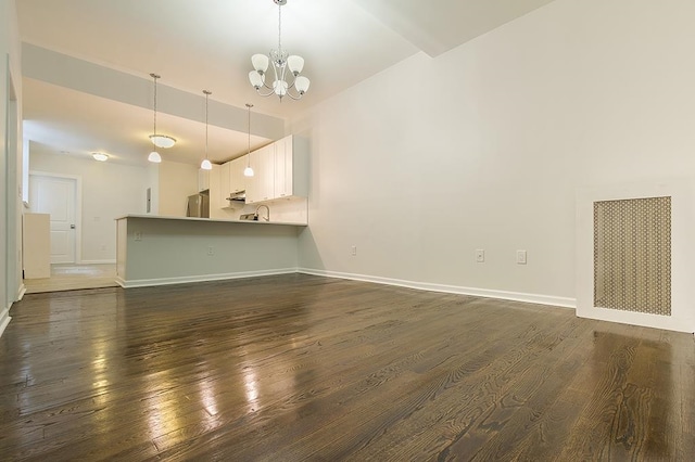 unfurnished living room with sink, an inviting chandelier, and dark hardwood / wood-style flooring