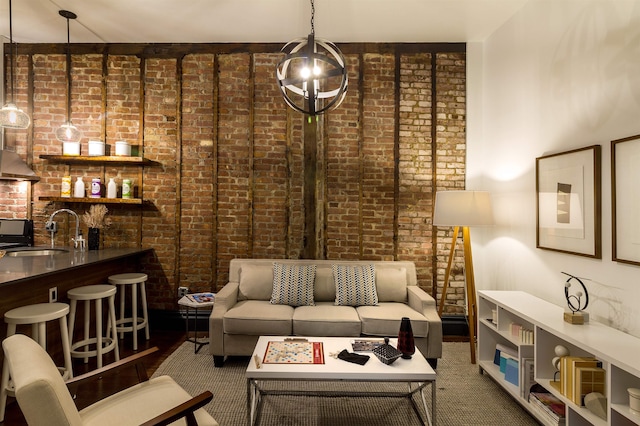 interior space with brick wall and wet bar