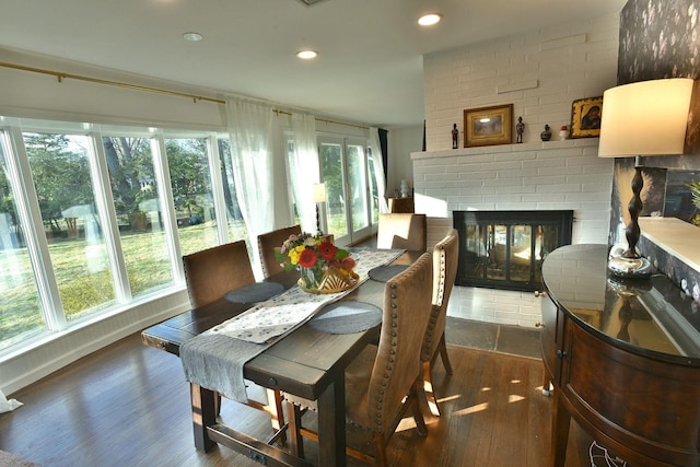 87 Stony Ridge Dr, Hillsdale, NJ 07642 - dining space featuring baseboards, a fireplace, recessed lighting, and dark wood-style flooring