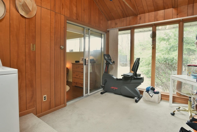 87 Stony Ridge Dr, Hillsdale, NJ 07642 - exercise area with carpet floors, washer / clothes dryer, lofted ceiling, and wooden walls