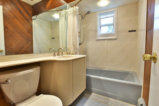 87 Stony Ridge Dr, Hillsdale, NJ 07642 - bathroom with toilet, shower / tub combo with curtain, vanity, wooden walls, and a baseboard radiator