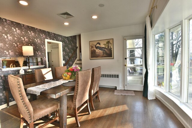87 Stony Ridge Dr, Hillsdale, NJ 07642 - dining space featuring visible vents, baseboards, wallpapered walls, radiator heating unit, and wood finished floors