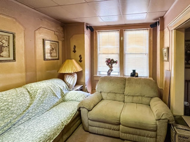 living area featuring a drop ceiling