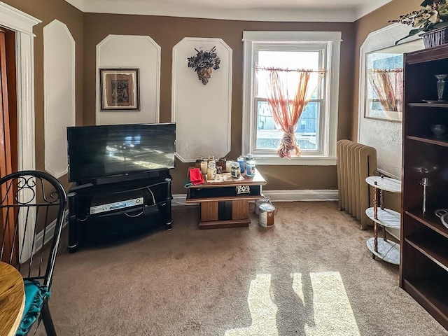 sitting room featuring carpet floors, radiator heating unit, and baseboards