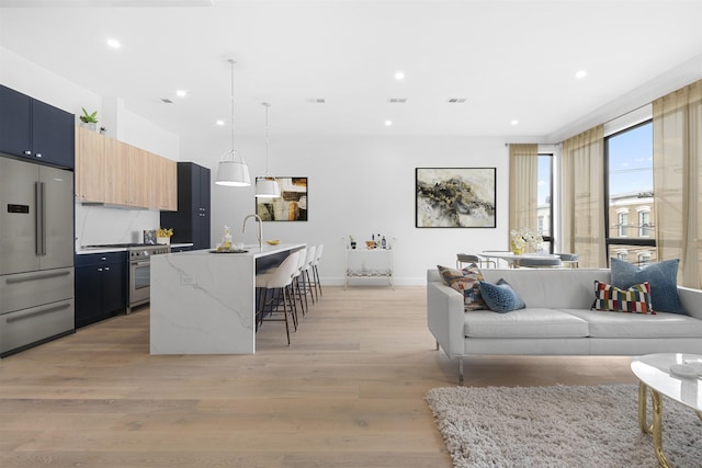 living room featuring light hardwood / wood-style flooring and sink