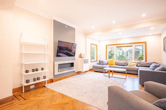 living room with parquet floors and ornamental molding