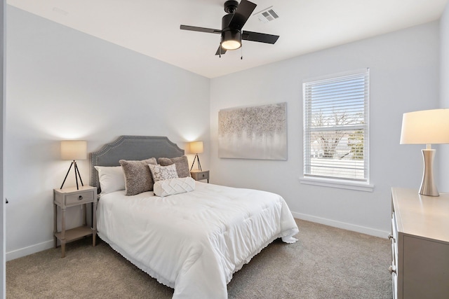 bedroom with ceiling fan and carpet floors