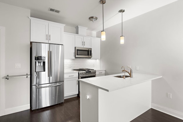 kitchen with appliances with stainless steel finishes, pendant lighting, sink, white cabinets, and kitchen peninsula