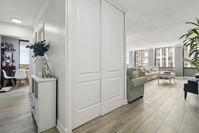 hallway with ornamental molding, wood finish floors, plenty of natural light, and baseboards