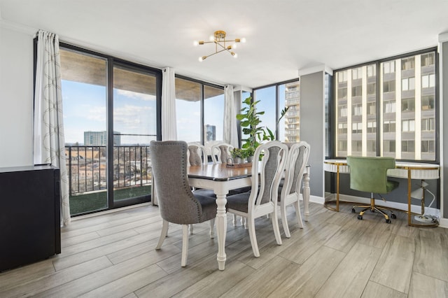 dining space featuring a city view, an inviting chandelier, wood finished floors, a wall of windows, and baseboards