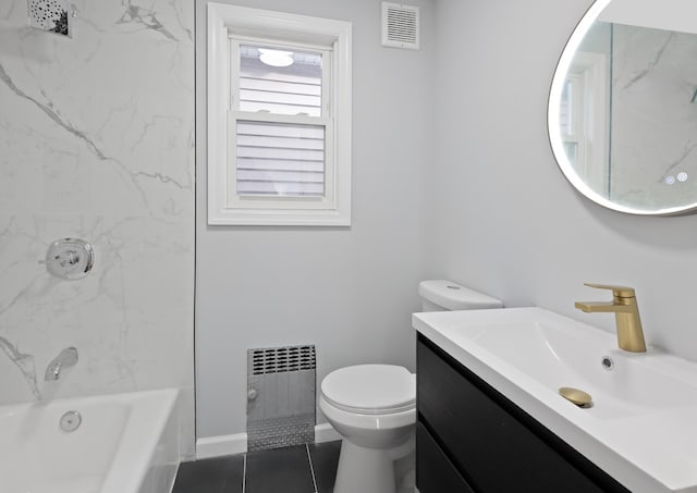 full bathroom featuring tiled shower / bath, tile patterned flooring, radiator, toilet, and vanity