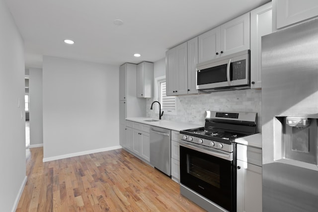 kitchen featuring appliances with stainless steel finishes, white cabinetry, backsplash, and light hardwood / wood-style floors