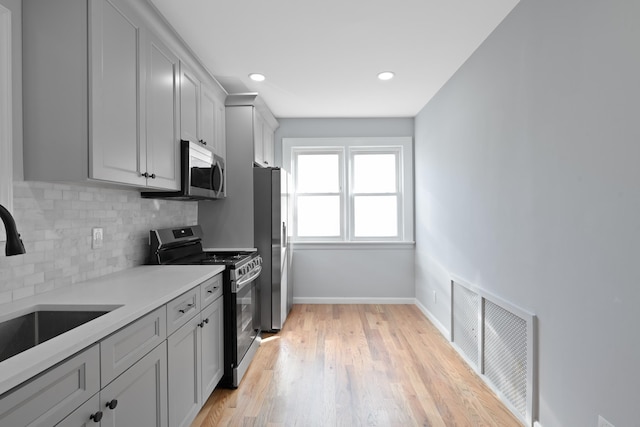 kitchen featuring light hardwood / wood-style floors, stainless steel appliances, gray cabinetry, decorative backsplash, and sink