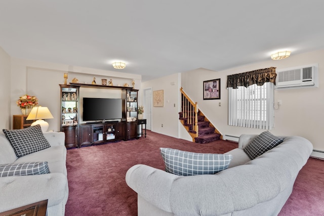 27 E 34th St, Bayonne, NJ 07002 - carpeted living room with a wall mounted AC, stairs, and a baseboard radiator