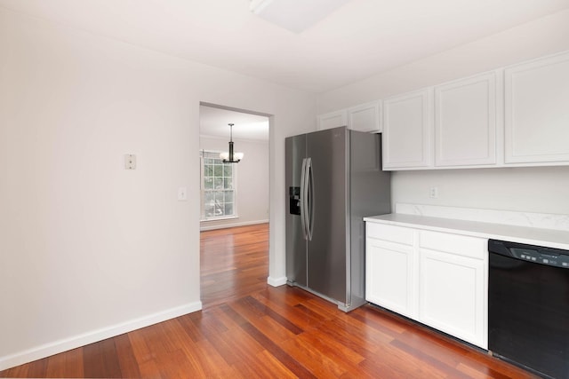 11 Crabapple Ct, Jersey City, NJ 07305 - kitchen featuring black dishwasher, stainless steel refrigerator with ice dispenser, a chandelier, wood finished floors, and white cabinetry