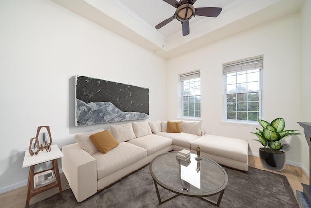 living room with ornamental molding, a raised ceiling, ceiling fan, and dark wood-type flooring