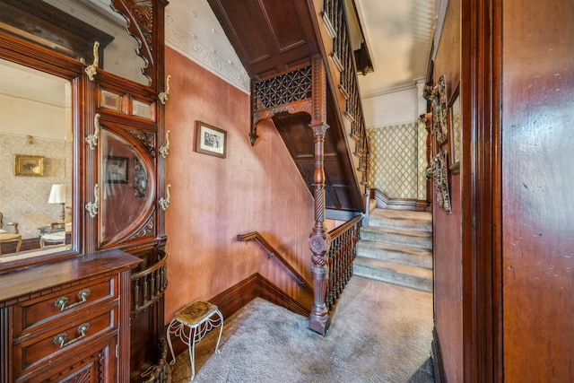 stairs featuring carpet and baseboards