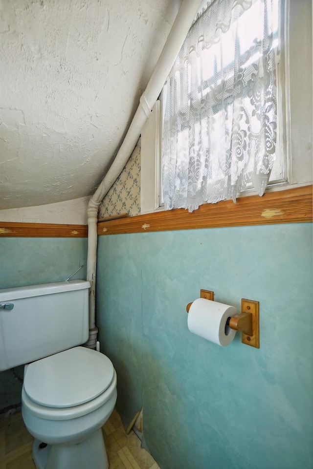 bathroom featuring lofted ceiling and toilet