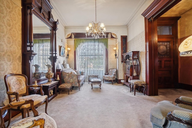 living area featuring carpet floors, a wealth of natural light, crown molding, and an inviting chandelier