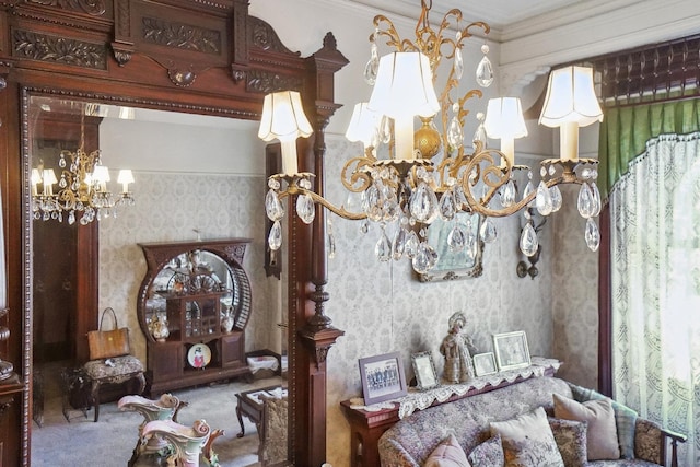 interior space with an inviting chandelier and wallpapered walls