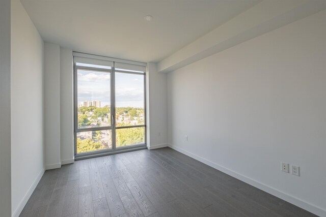 empty room with a wall of windows and dark hardwood / wood-style floors