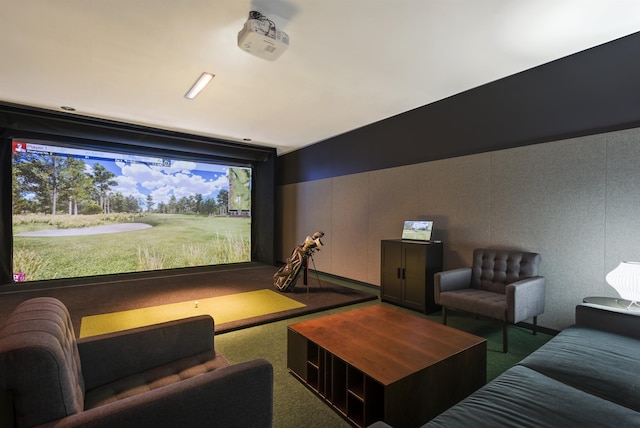 cinema room with carpet and golf simulator