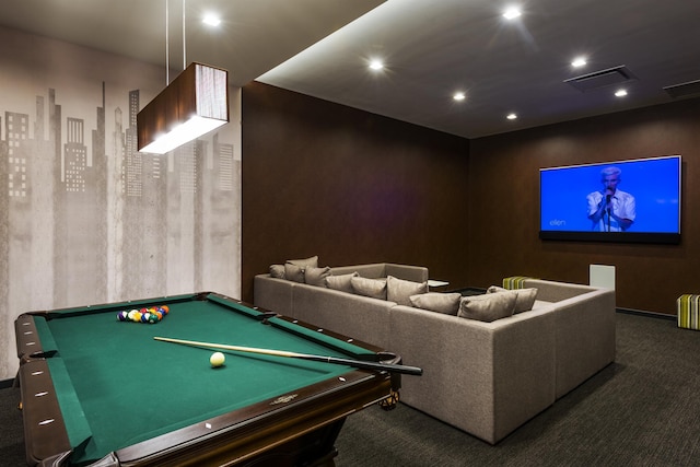 game room featuring pool table and dark colored carpet