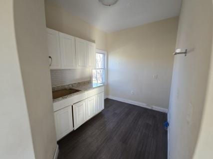 kitchen featuring tasteful backsplash, white cabinets, and dark hardwood / wood-style floors