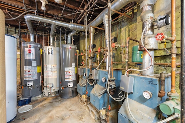 utility room with water heater and a heating unit