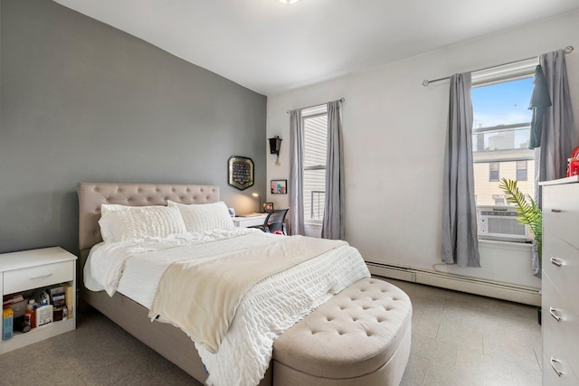 bedroom with a baseboard heating unit, tile patterned floors, and cooling unit