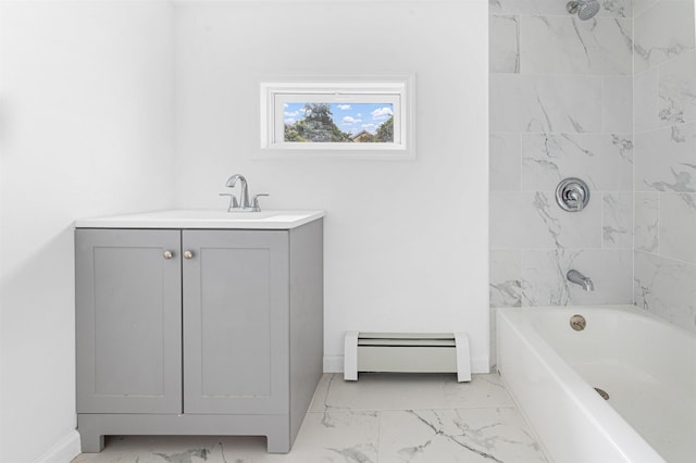 full bath with shower / bathing tub combination, baseboards, marble finish floor, and baseboard heating