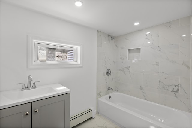 full bathroom featuring tub / shower combination, baseboard heating, recessed lighting, marble finish floor, and vanity